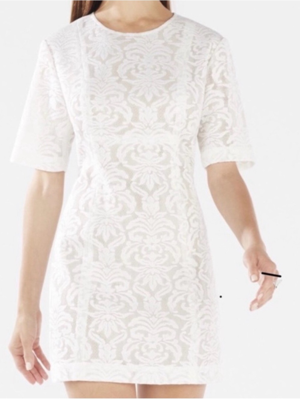 BCBGMaxAzria White Lace Short Sleeve Mini Dress